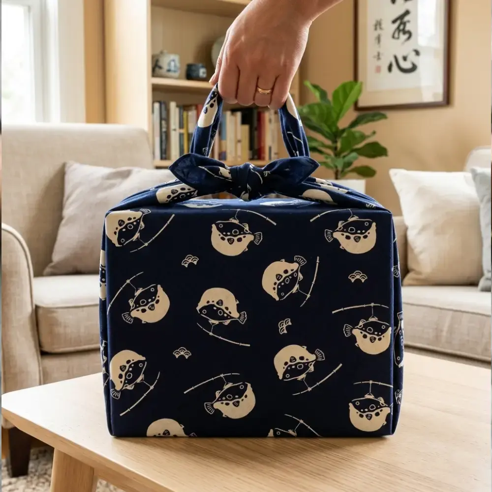 Furoshiki Fugu Puffer Fish Large Blue Cotton Wrapping Cloth 90cm - Image 2