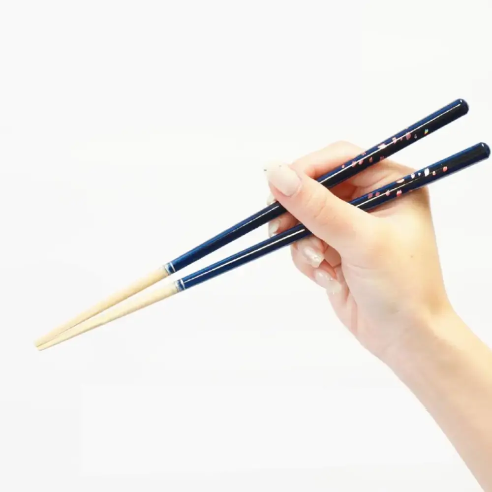 Handcrafted Wooden Chopsticks Non-Slip Cherry Blossom Blue Pattern 23cm - Image 2