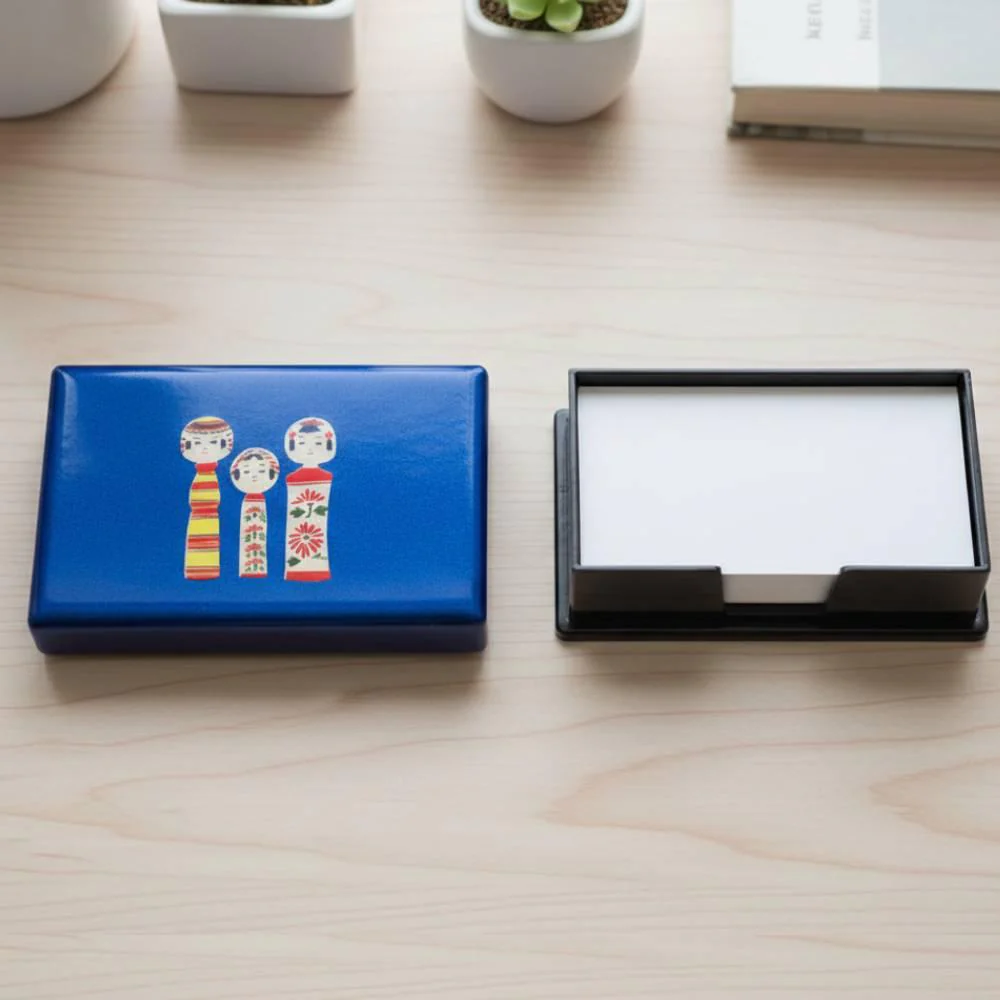 Indigo Blue Lacquered Card Holder Case Kokeshi Wooden Dolls Design - Image 3