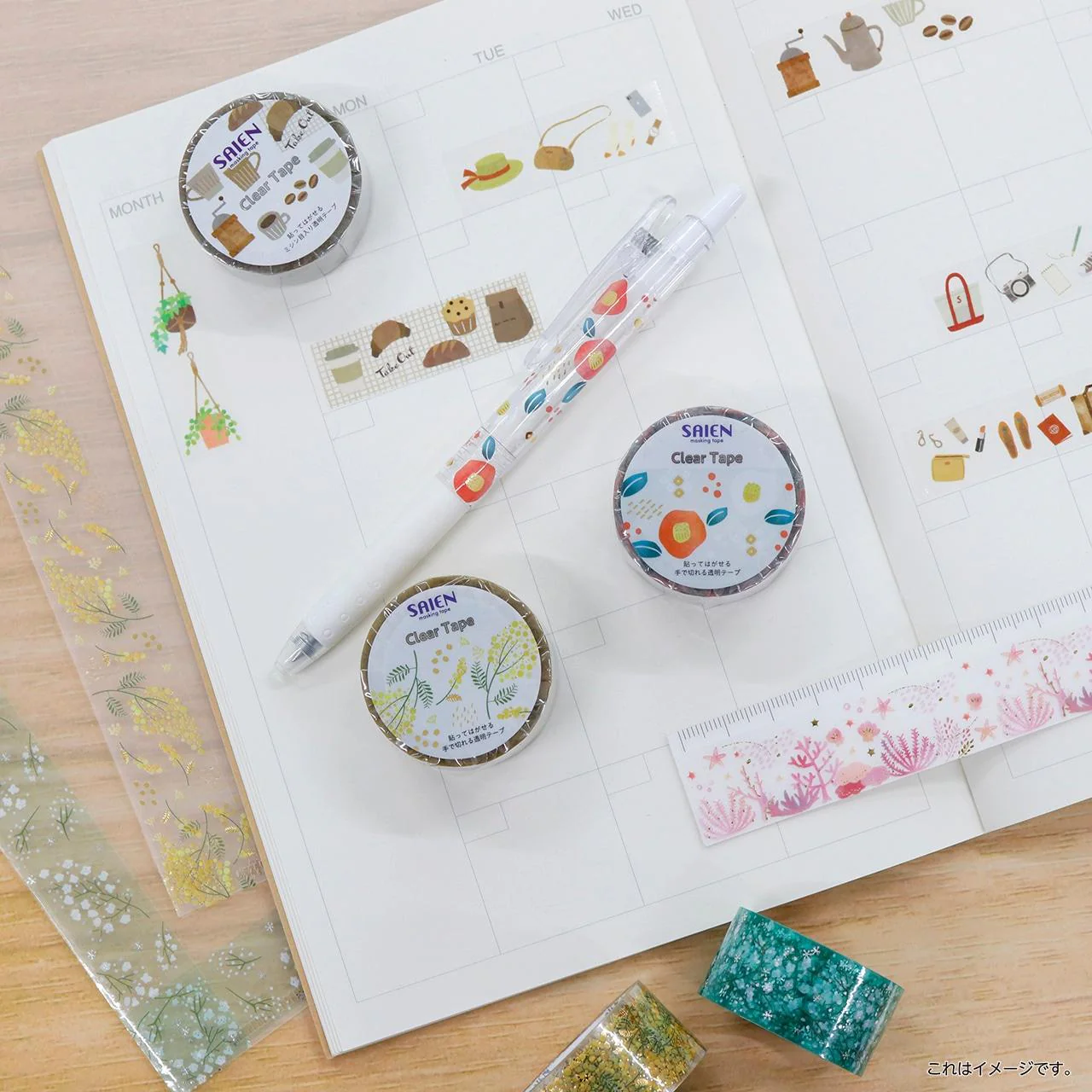 Kamiiso Saien Washi Tape Pink Coral Pattern With Gold Clear Tape 20mm - Image 2