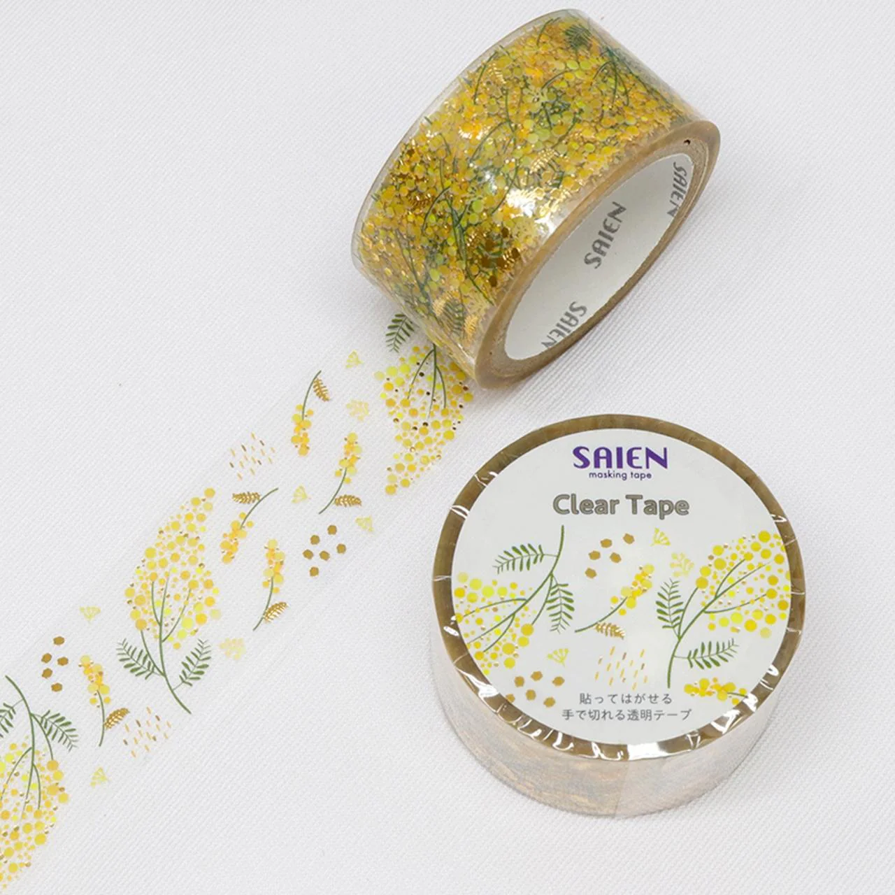 Kamiiso Saien Washi Tape Yellow Floral Pattern With Gold Clear Tape 20mm - Image 3