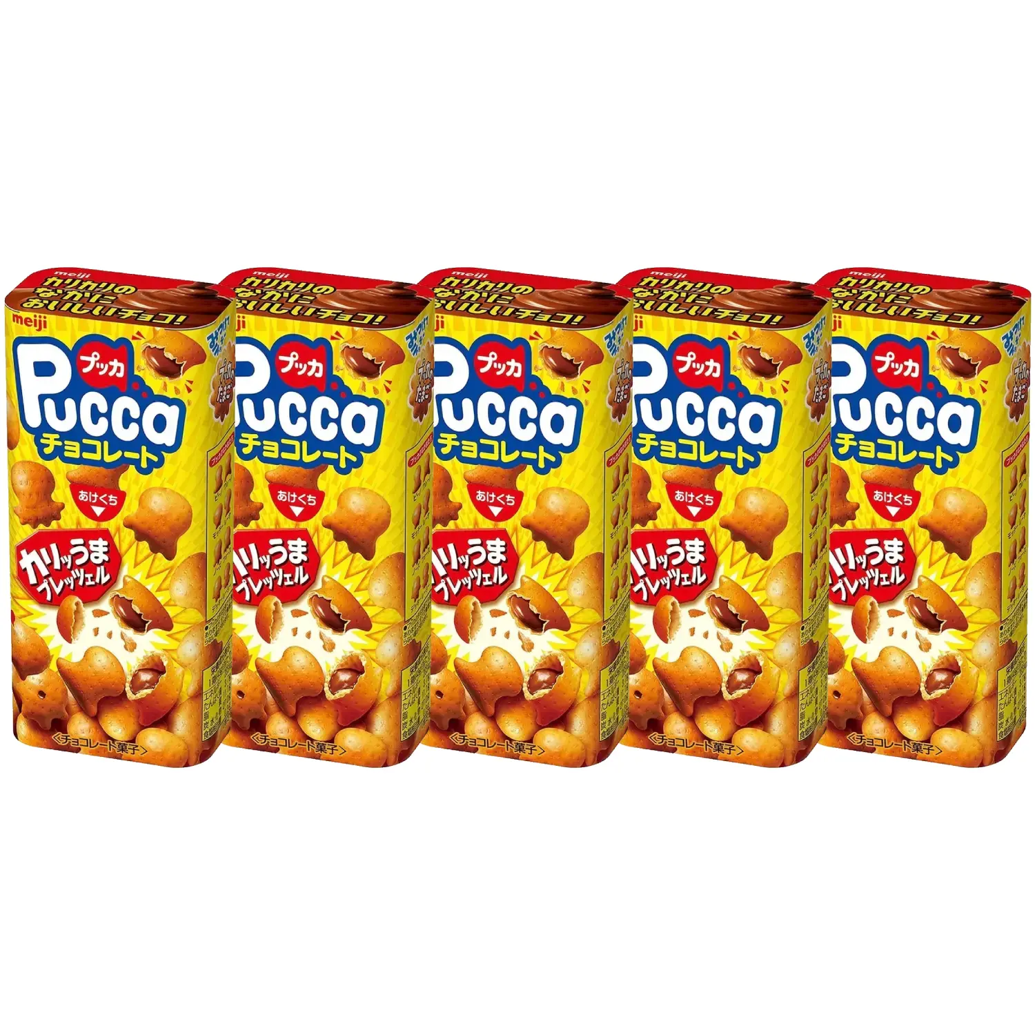 Meiji Pucca Chocolate Filled Crunchy Pretzel Snack 39g (Pack of 5)