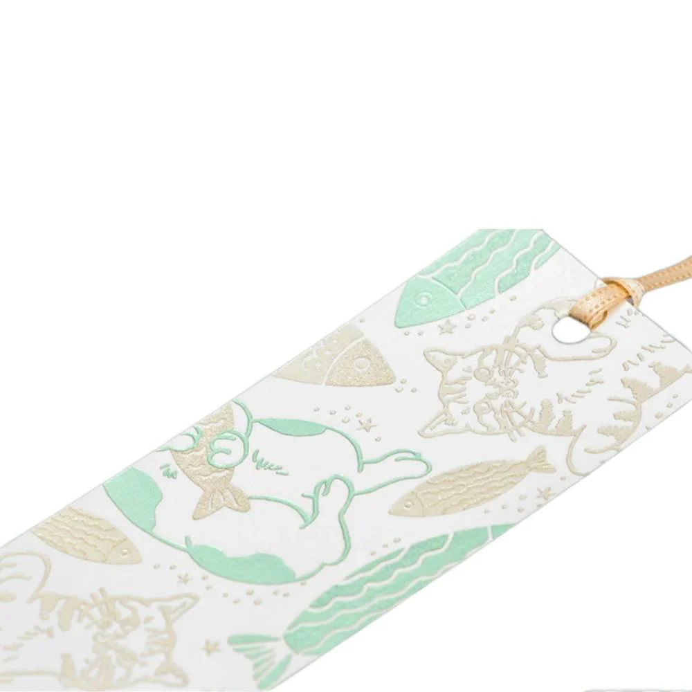 Rokkaku Bookmark Foil Stamped Cute Cat & Fish Design - Image 3