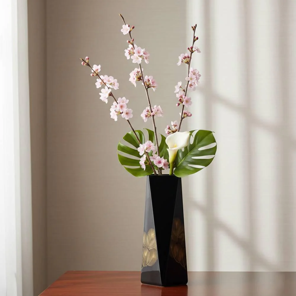 Unique Black Lacquered Wooden Flower Vase With Gold Pine Pattern - Image 3
